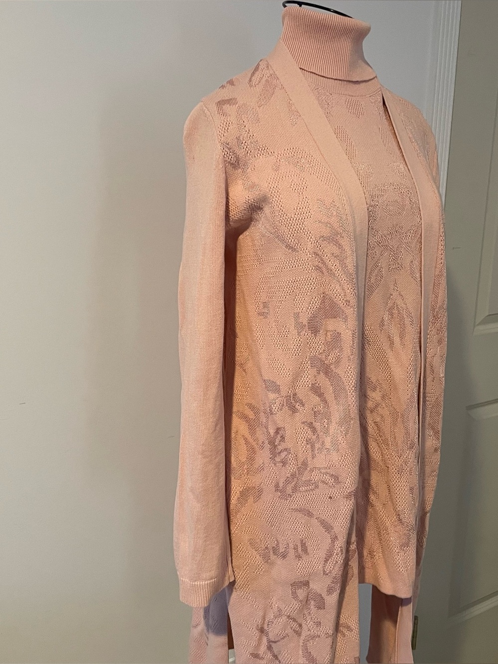 Chico’s Blush Pink Floral Jacquard Knit Cardigan & Turtleneck Set